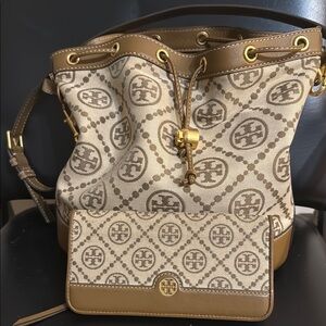 Tory Burch Tan and Brown Shoulder Bag with Monogram Design